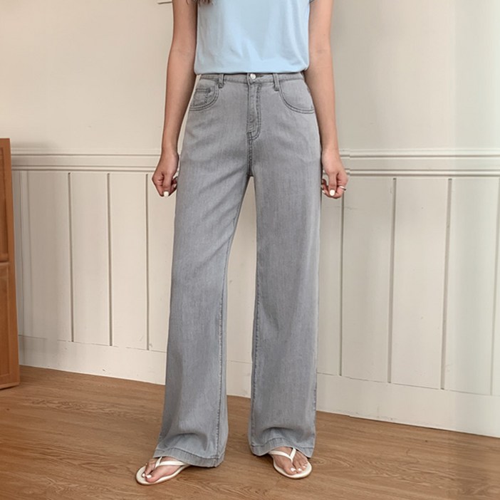니썸 여성용 롱 텐셀 와이드 데님 팬츠