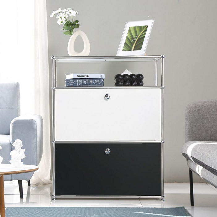 이가페 미드센츄리 모듈수납장 모노 1×3 투플로어 수납장 콤비 방문설치, 화이트블랙