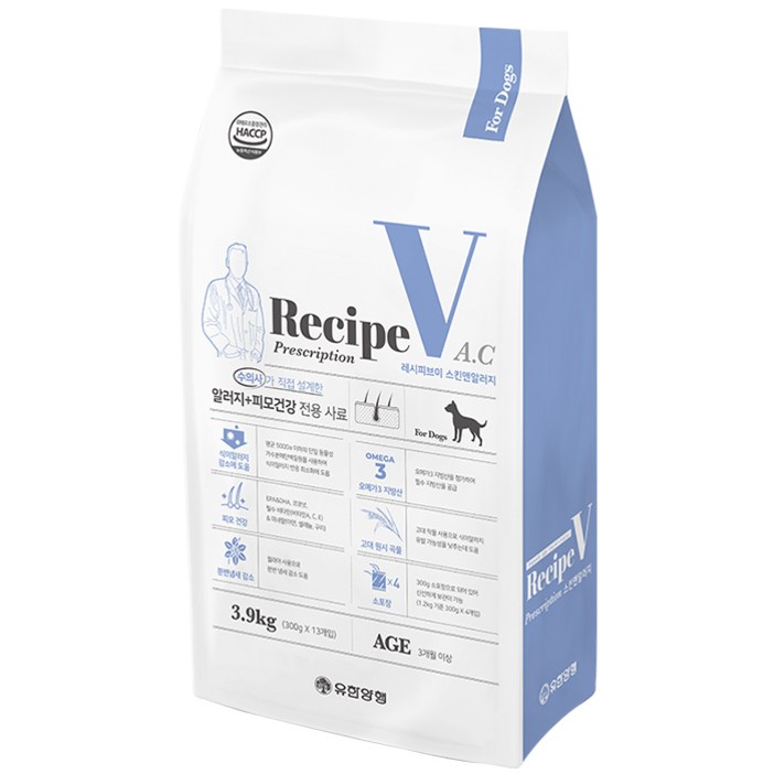 레시피브이 강아지 처방식 사료, 피부/피모+알러지, 3.9kg, 1개