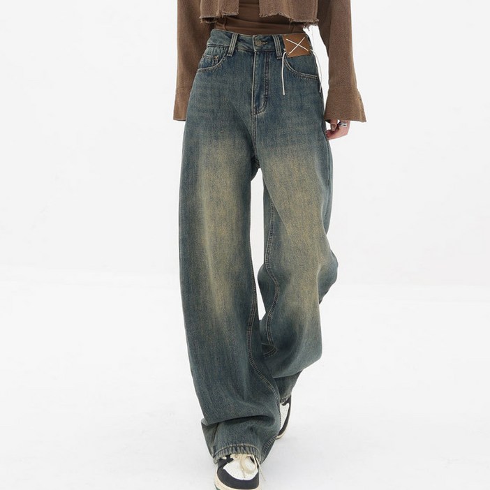 시크힐즈 여성용 워싱 빈티지 와이드 데님 청바지 00110