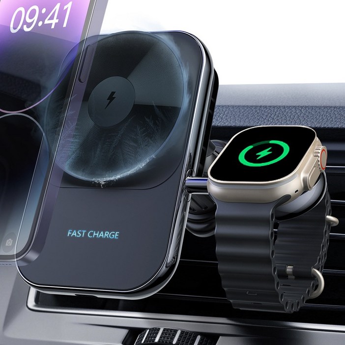 더조은셀러 아이폰 애플워치 2in1 퀵 쿨링 차량용 맥세이프 무선 고속충전 거치대, 단일상품, 블랙