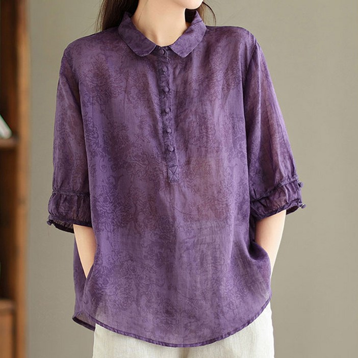 엘쏘 여성용 컬러라인 카라넥 7부 소매 여름 블라우스