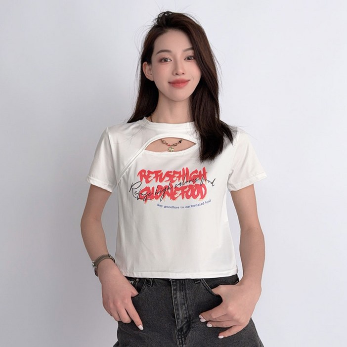 더시럽 여성용 가슴 트임 크롭 레터링 반팔 티셔츠