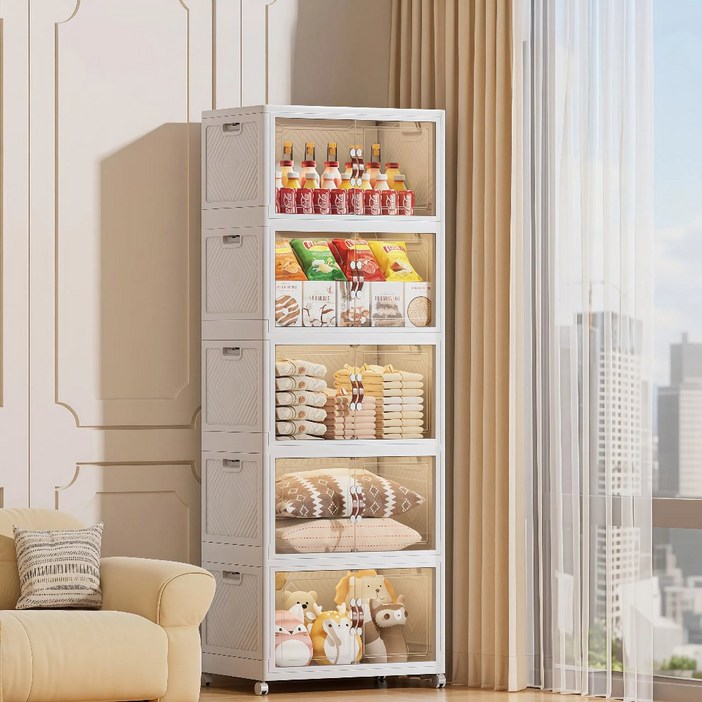 YEAAYE 더블 도어 멀티 레이어 접이식 수납함 바퀴 버전, 화이트