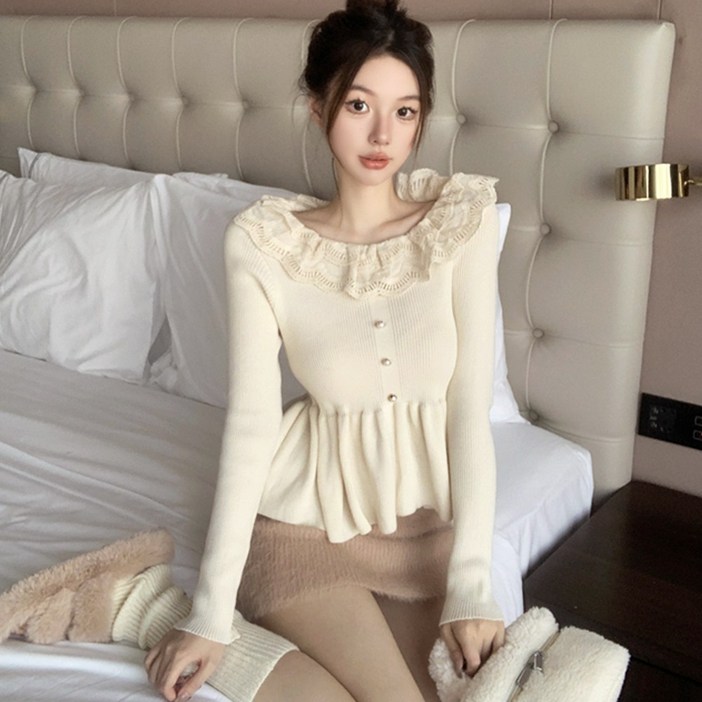 메이킹유 허리쏙핏청순 러블리 레이스 셔링 프릴 긴팔 버튼 니트 슬림핏 여리핏 포인트룩 데이트룩 8776스로벨니트