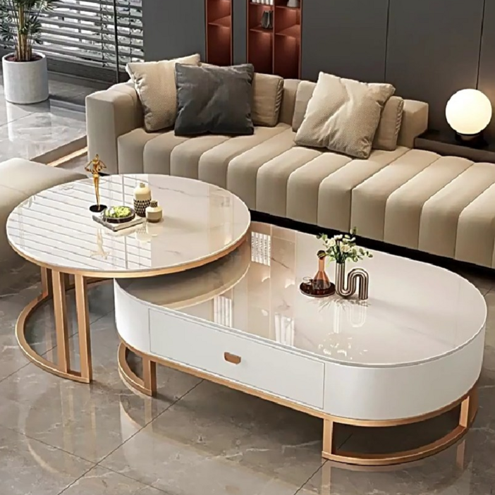 BYOU 이탈리아풍 스타일 세라믹 대리석 소파테이블 수납 거실 테이블 접이식 티테이블 세트