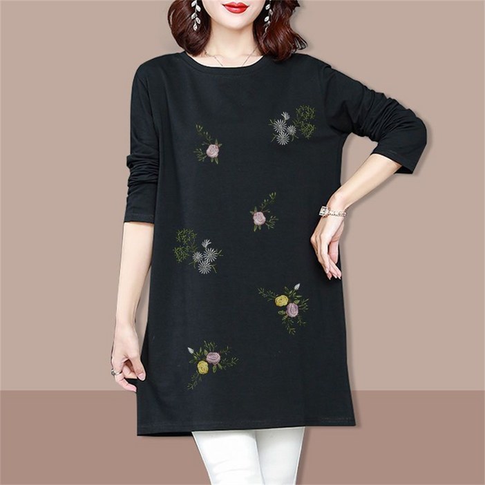 besteffie 여성티셔츠 봄 가을 라운드넥 루즈핏 자수 롱티셔츠 중년여성 빅사이즈 엄마옷 긴팔티셔츠 C88