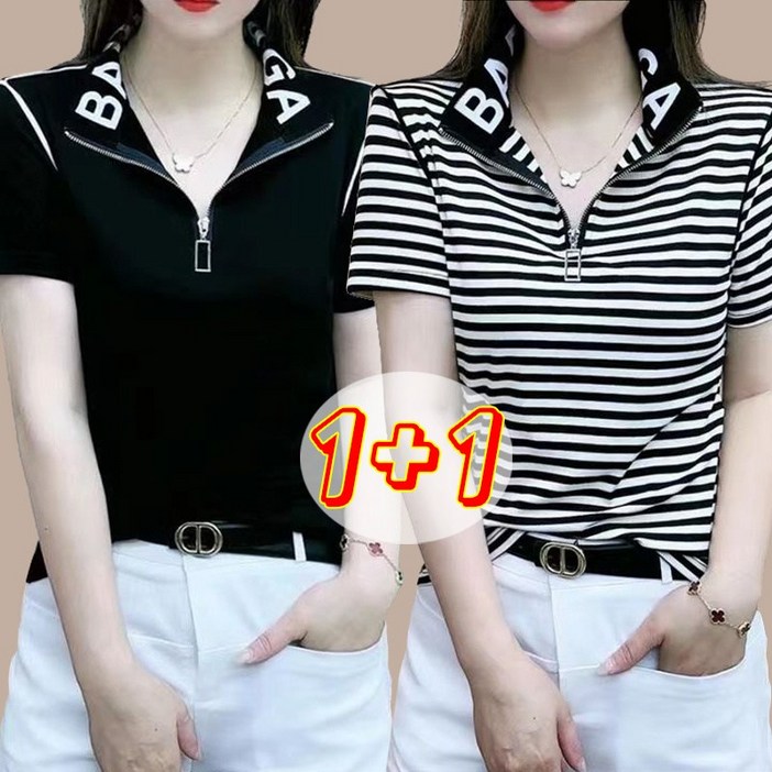 11 여성 카라티 루즈핏 아이스 패션 반팔 티셔츠 레터링 반집업 블라우스