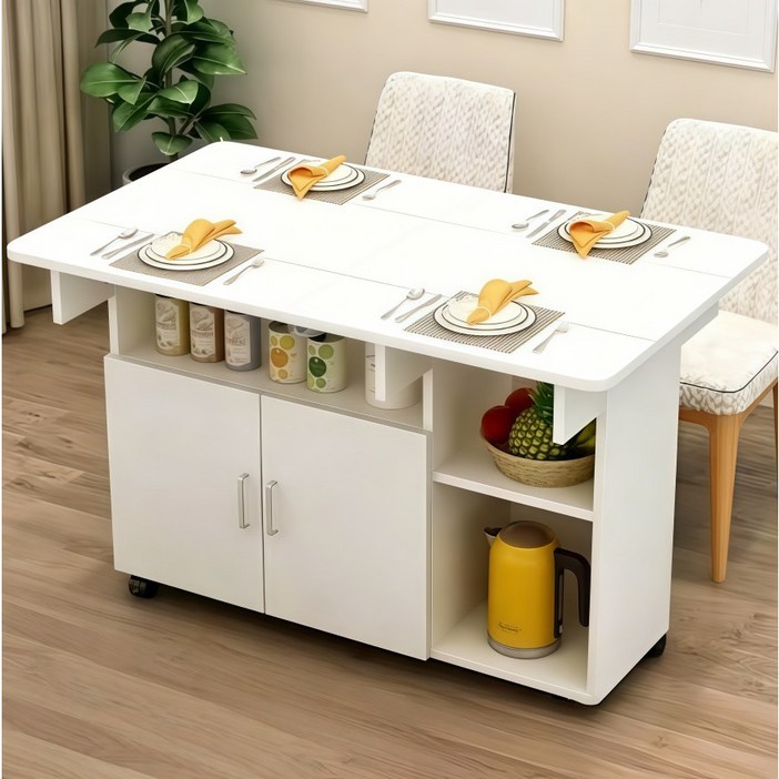수납 식탁테이블 이동식 접이식 식탁 거실 수납 테이블  80CM 4-6인용 흰색