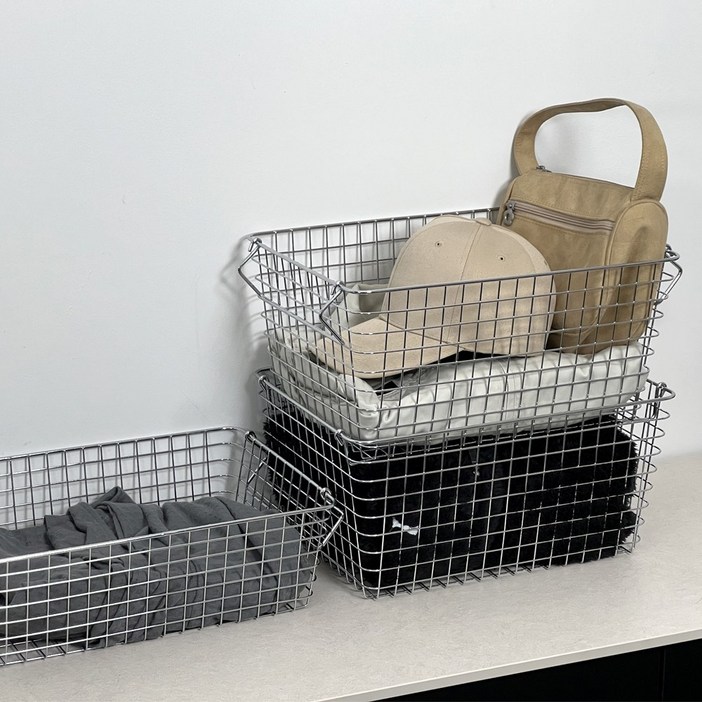 에브리윅 부드러운 마감 적층형 와이어 바스켓 손잡이 적재 펜트리 양철, 1개, 실버