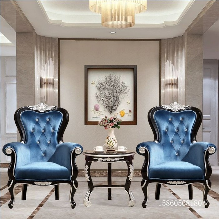 왕의자 유럽 체어 왕실 엔틱 인테리어 황실 의자 여왕 카페 안락의자, 1개, 2세대 실버 트림 블루 벨벳 2개 A