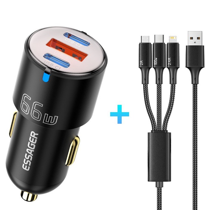 Essager 66W PPS PD3.0 QC3.0 3포트 고속 차량용 충전기, 66W 블랙 Essager 66W PPS PD3.0 QC3.0 3포트 고속 차량용 충전기, 66W 블랙
