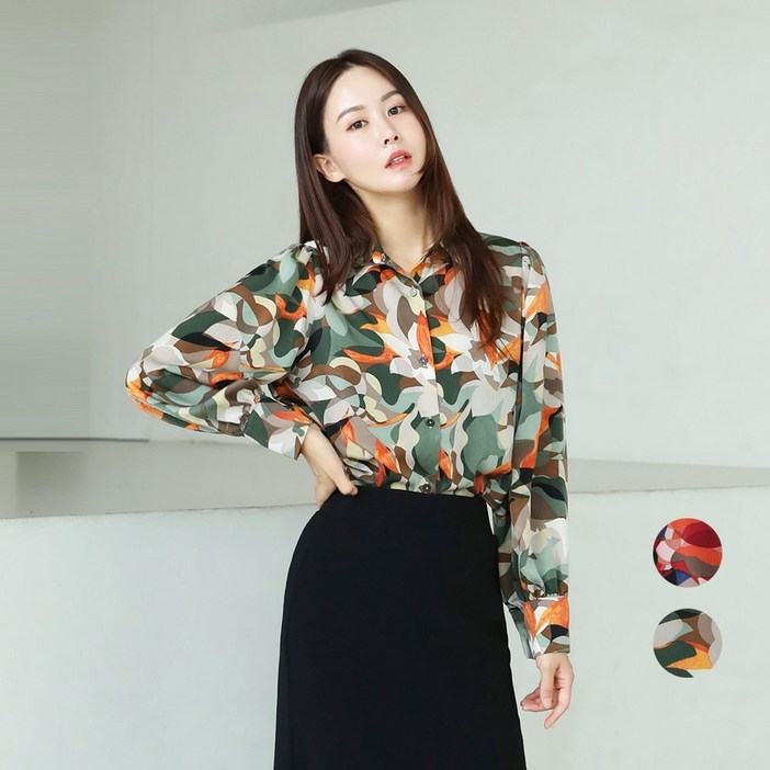 프롬코 자체제작 멀티 플라워 피치 새틴 퍼프 블라우스 FRC111