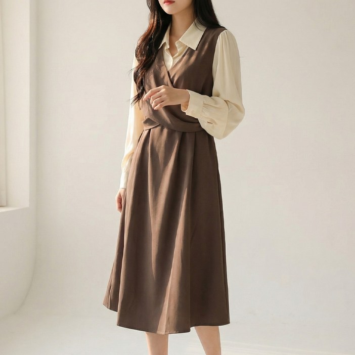 빅사이즈 여성 봄가을 레이어드 롱원피스 D103-9 까데트