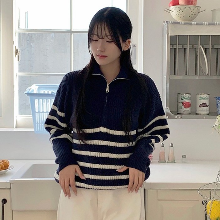타니즈 피올 스트라이프 반집업 긴팔 니트 - 3컬러