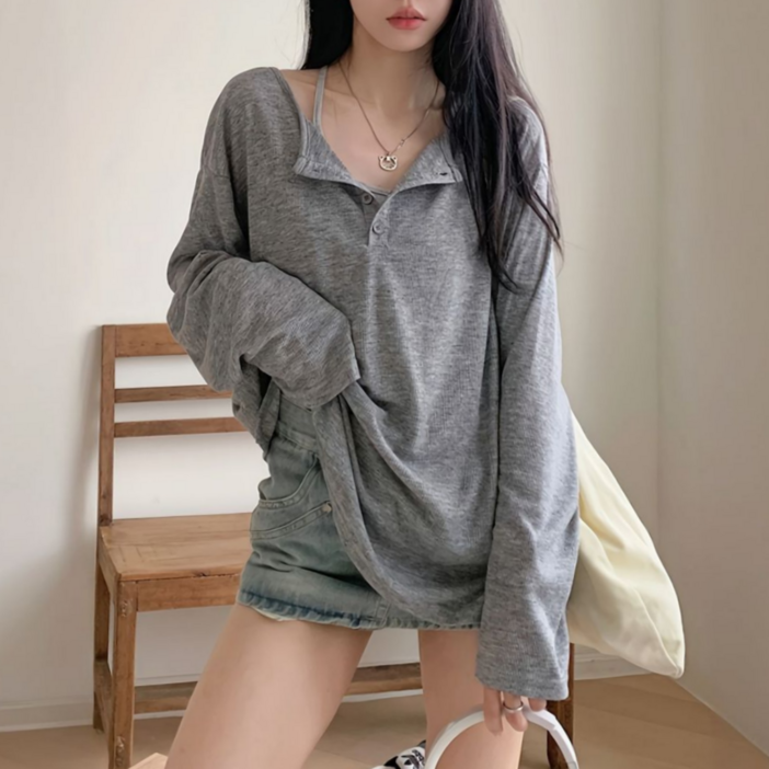 넉넉한 루즈핏 여리여리 라운드 골지 꾸안꾸 여름 긴팔 티셔츠