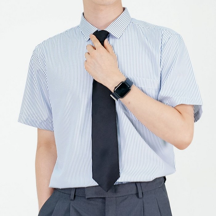 위크무드 시원한 남성용 반팔 구김없는 스트라이프 정장 와이셔츠