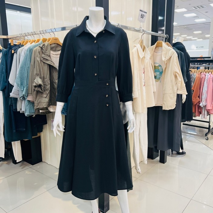 요하넥스  셔츠카라 칠부소매 개더 원피스(블랙)