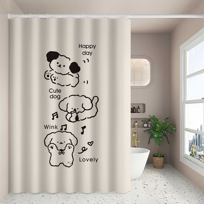 Allilio 고급 방수 욕실 샤워커튼 화장실 파티션 가림막 커튼 + 커튼링 + 봉 세트