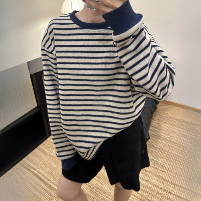 SAHINER 봄가을 여성 스트라이프 오버사이즈 라운드넥 맨투맨 LWAWY48