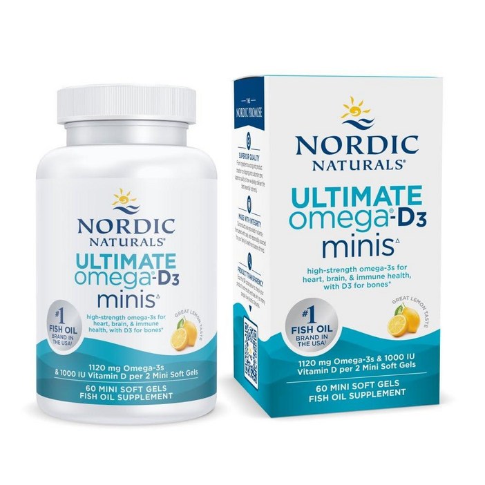 Nordic Naturals Ultimate Omega 2X Mini D3, 레몬 맛 - 미니 소프트 젤 60개 1120mg 오메가-3 + 1000 IU 비타민 D3 EPA 및