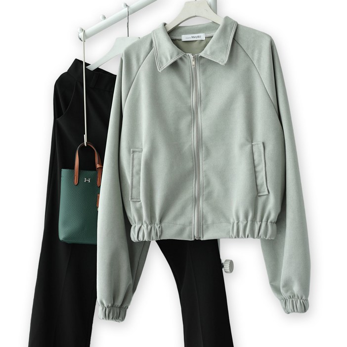 메리앤유 스웨이드 터치 크롭 숏 기장 카라 집업 밴딩 점퍼 간절기 아우터