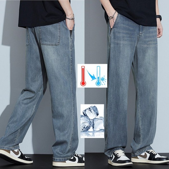 비비디아 신상 남성 쿨 맥스 아이스 원단 빅사이즈 청 데님 바지 와이드 허리밴딩 탠셀 청바지(S~6XL)5488
