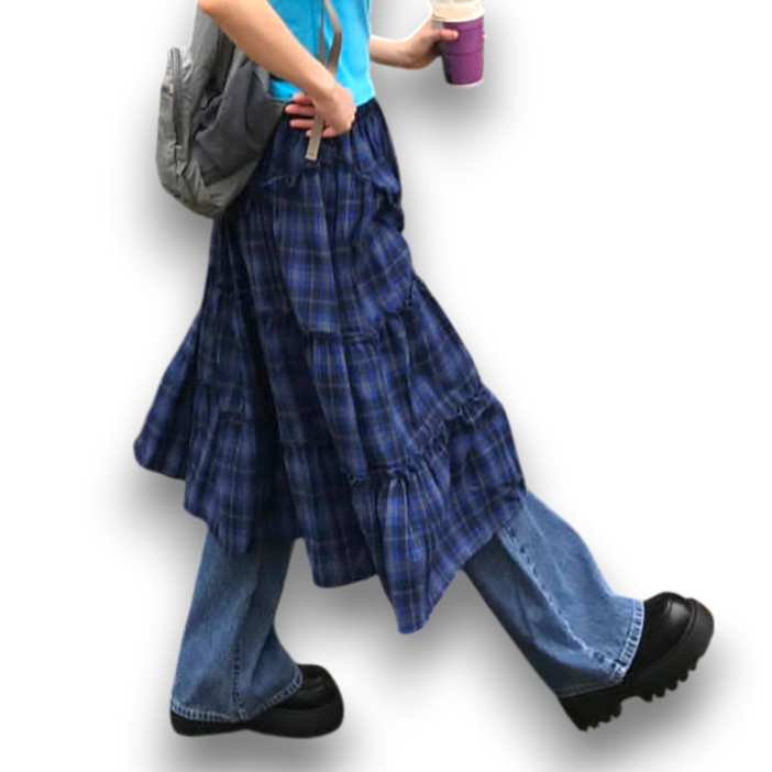 아비토브랜드 여성 체크 밴딩 롱스커트 레이어드룩