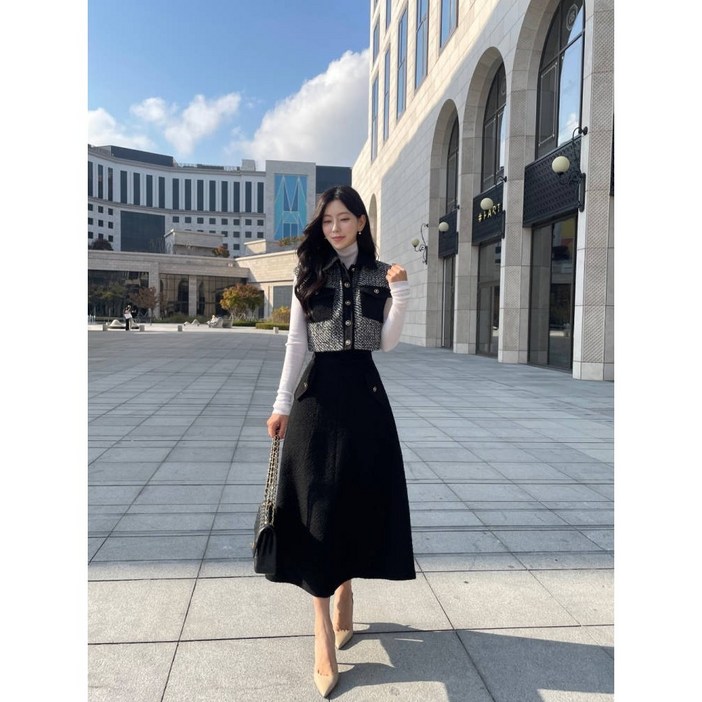 트위드 크롭 재킷 & 롱 스커트 투피스 셋업