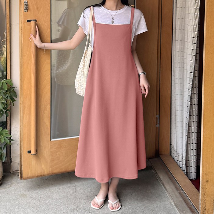 데일리앤 타르트 시원한 엠보 플레어 레이어드 멜빵 뷔스티에 끈 나시 롱 원피스 여름