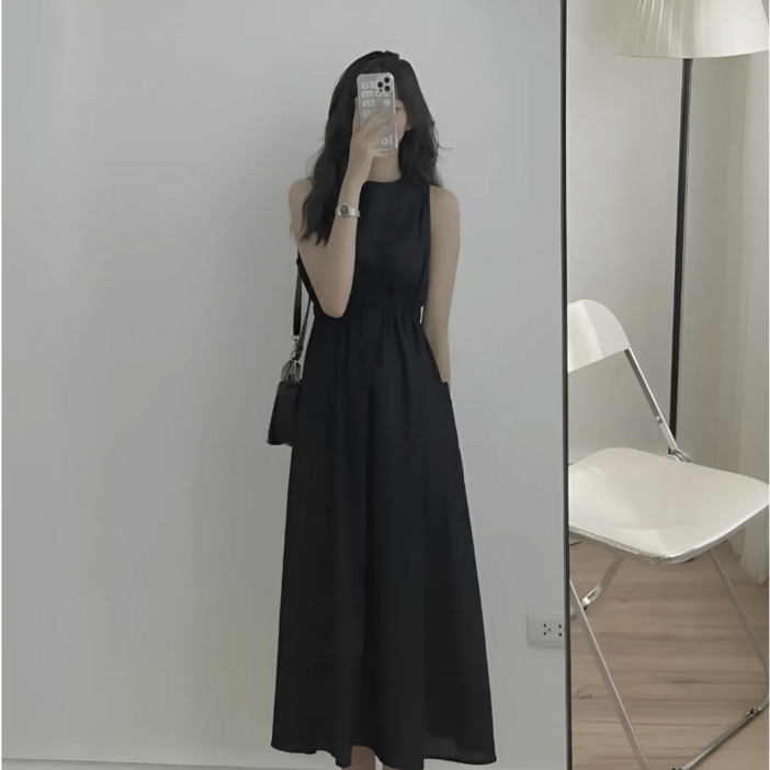 해피우디 바캉스룩 휴양지룩 롱원피스 허리 셔링 밴딩 루즈핏 민소매 빅사이즈