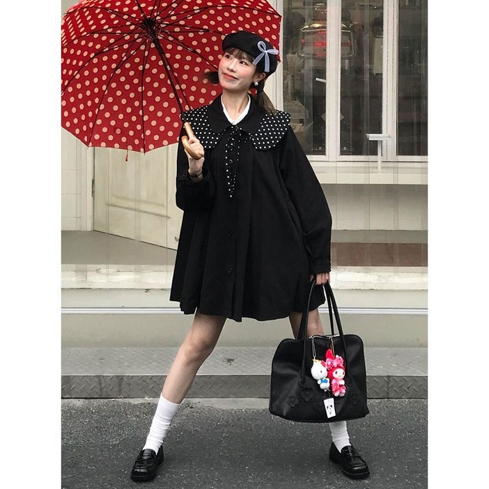 여성 빅카라 트렌치코트 봄 가을 여성 케이프 트렌치코트 도트 패턴 배색 리본 아우터 CBB