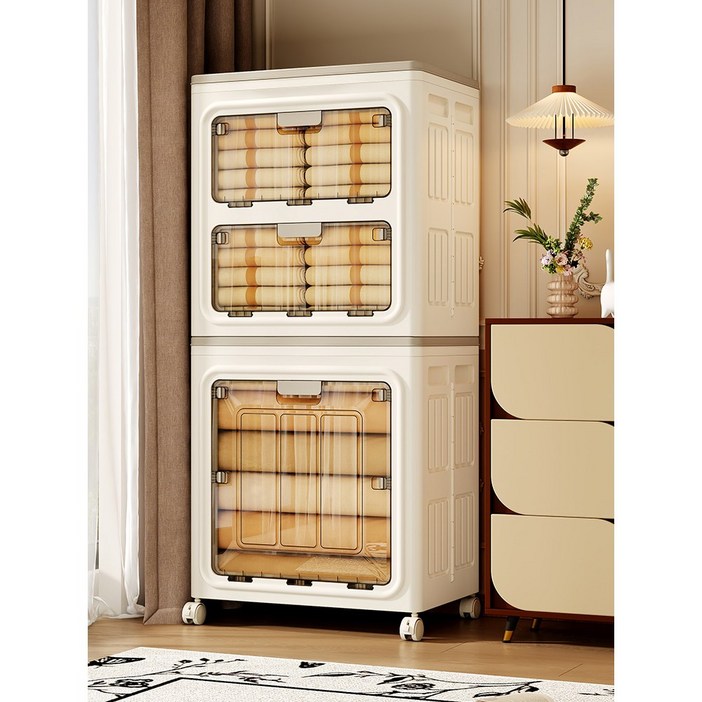 원스 특대형 투명 이동식 수납정리함 적층식 폴딩 리빙박스, 1세트, 크림 화이트 2개