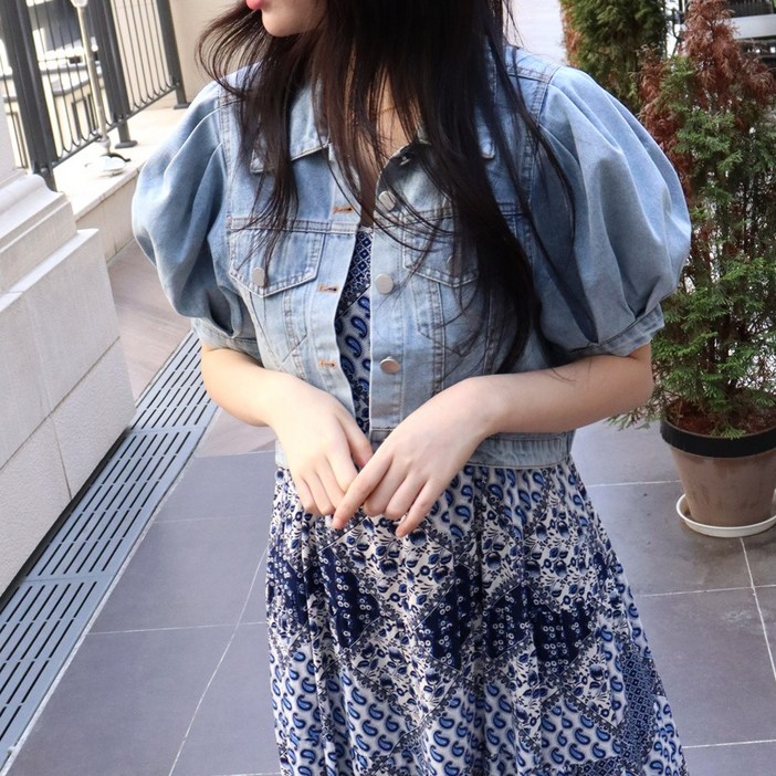 메리앤유 퍼프소매 여름 데님 청 언발기장 볼레로 가디건