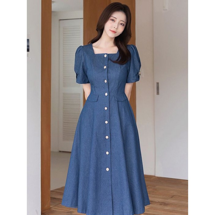 시크라인로이트 데님 스퀘어 퍼프소매 플레어 원피스 빅사이즈오피스룩하객룩