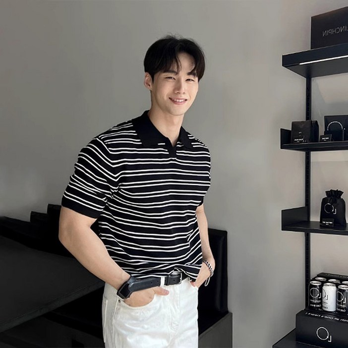 ANYOU 남성 셔츠 캐주얼 스트라이프 카라니트 맨투맨 머슬핏 반팔 카라 티셔츠