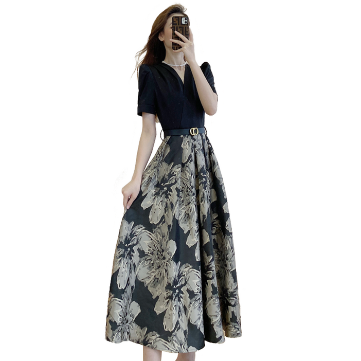 셀럽당 여성 여름 신상 반팔 브이넥 롱 잔플라워 원피스 FR0376-KR