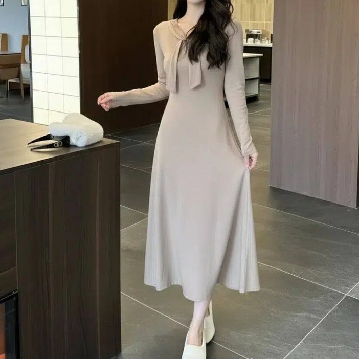 BuGeum 여성 봄 가을 원피스 슬림 허리끈 긴팔원피스