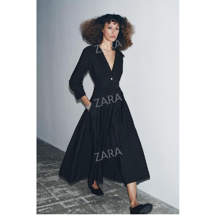 자라 가을 우아한 블랙 셔츠 A라인 미디 원피스