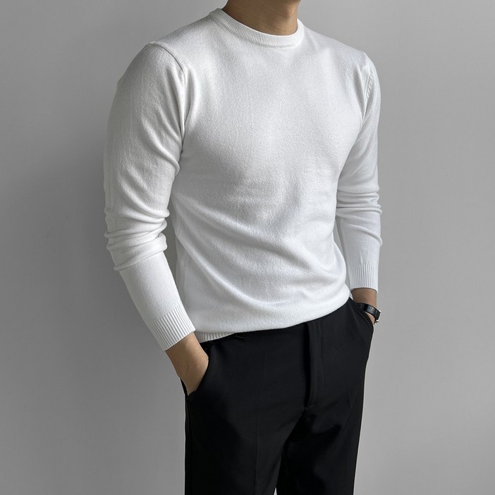 로니제이 남자 기본핏 머슬핏 부드러운 무지 라운드 니트