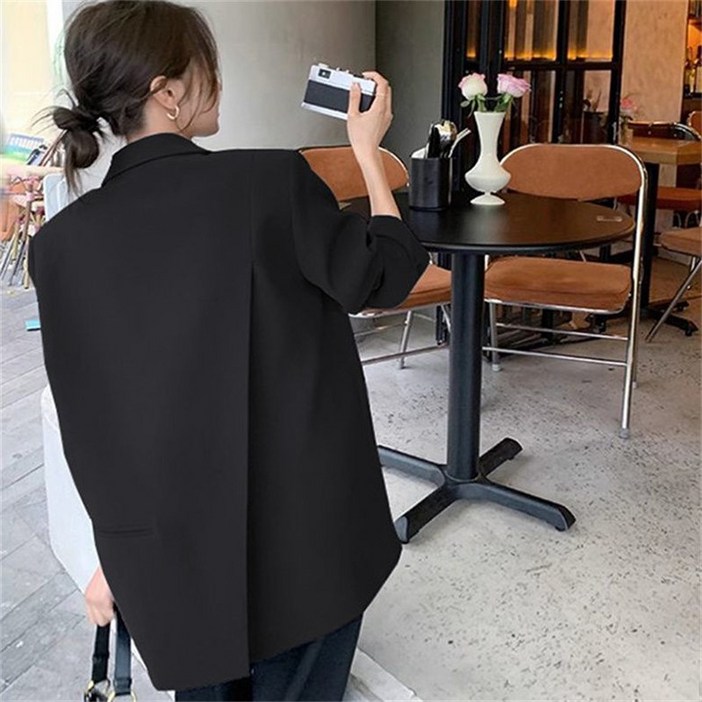 POMTOR 봄 가을 여성정장 뒷트임 루즈핏 정장 자켓 데일리 오버핏 미디 코트 빅 사이즈