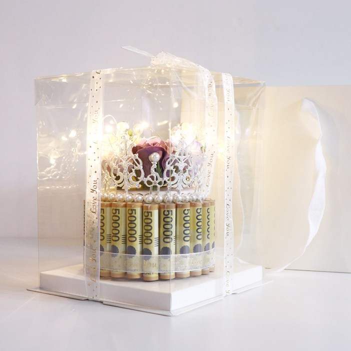 용돈박스 비누꽃 생신 생일 용돈 이벤트 왕관돈케이크  전용쇼핑백  페이크머니  LED전구, 1개, 퍼플