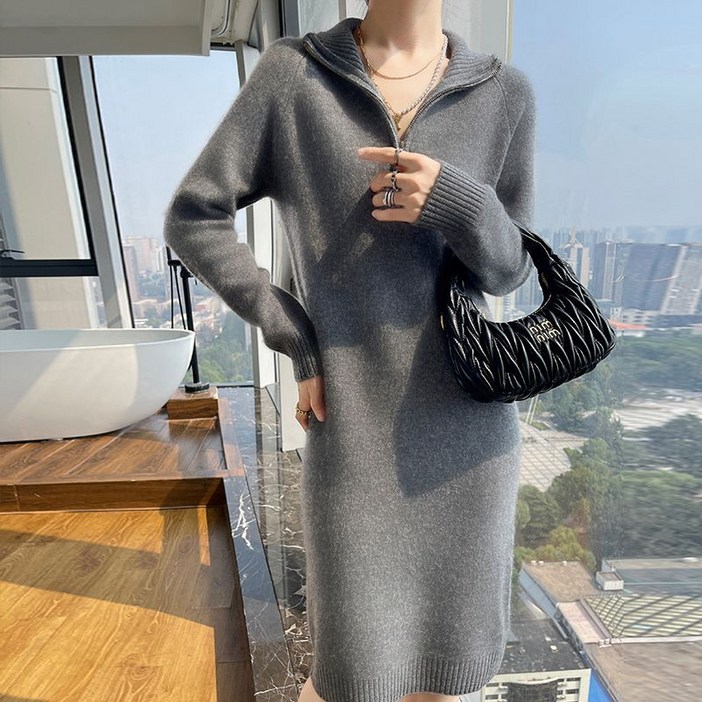 COSYEVNO 여성 가을 겨울 순모 원피스 하프 반집업 긴팔 니트 캐시미어