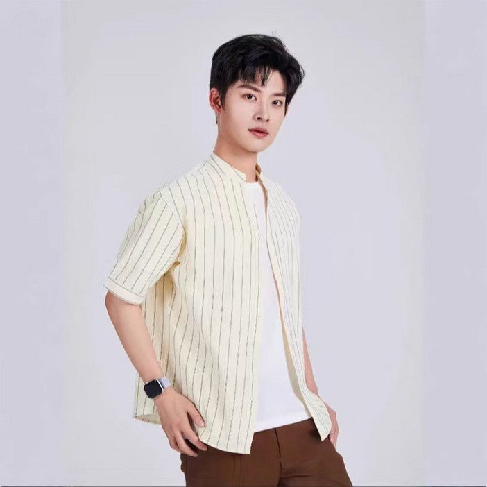 YANGTA 남성 스트라이프 반팔 셔츠 여름용 시원한 린넨 스타일 캐주얼 남방 데일리룩 추천