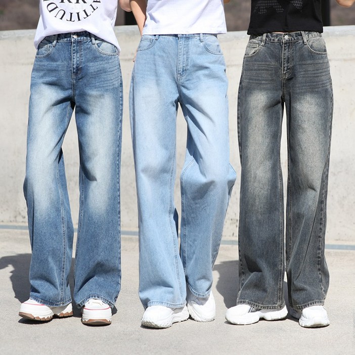 동대문스타일 여자청바지 뒷밴딩 와이드 데님 S~2XL 빅사이즈 워싱 통청바지 3단기장 사계절 청바지