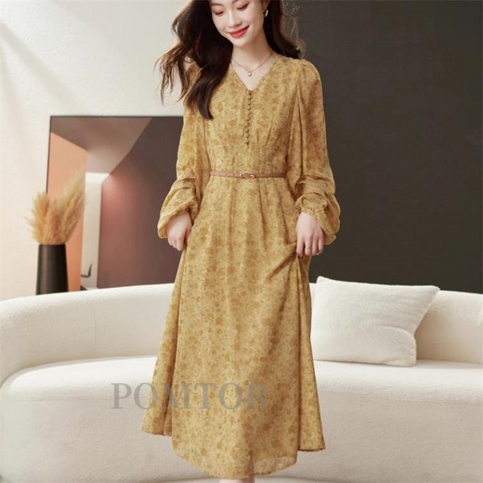 POMTOR 여성 봄 가을 긴팔 브이넥 벨트 쉬폰 롱 프린트 원피스 하객룩