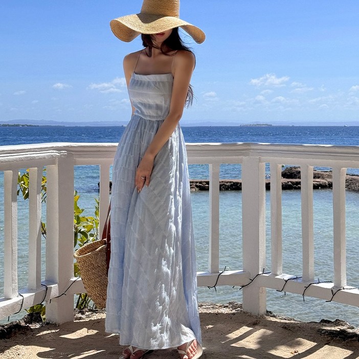 비치팜 바닐라 스카이 롱 원피스 비치룩 백 리스 쉬폰 드레스