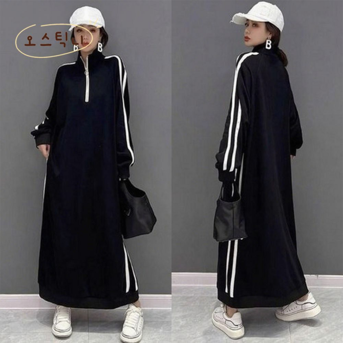 오스틱니 150kg까지 날씬해보이는 원피스 여성 가을 스트라이프 반집업 칼라 제인드 맨투맨 오버핏 이너 긴팔 캐주얼 패션 데일리 클래식배색 빅사이즈 오버사이즈 4xl 롱 원피스