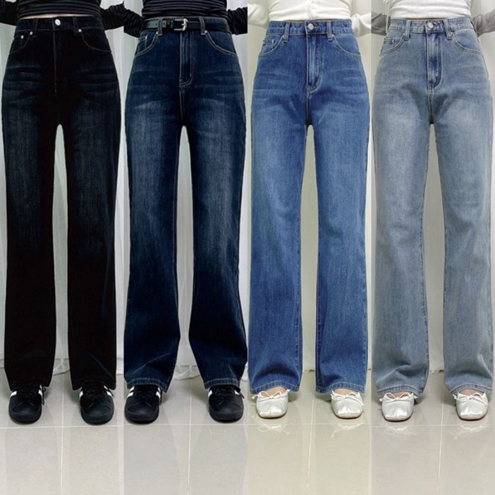 제이엠스타일 [숏,중,롱/S~2XL] 여성 스판 와이드 청바지 허리밴딩 빅사이즈 여자 와이드팬츠 일자 바지 키작녀 키큰녀 사계절