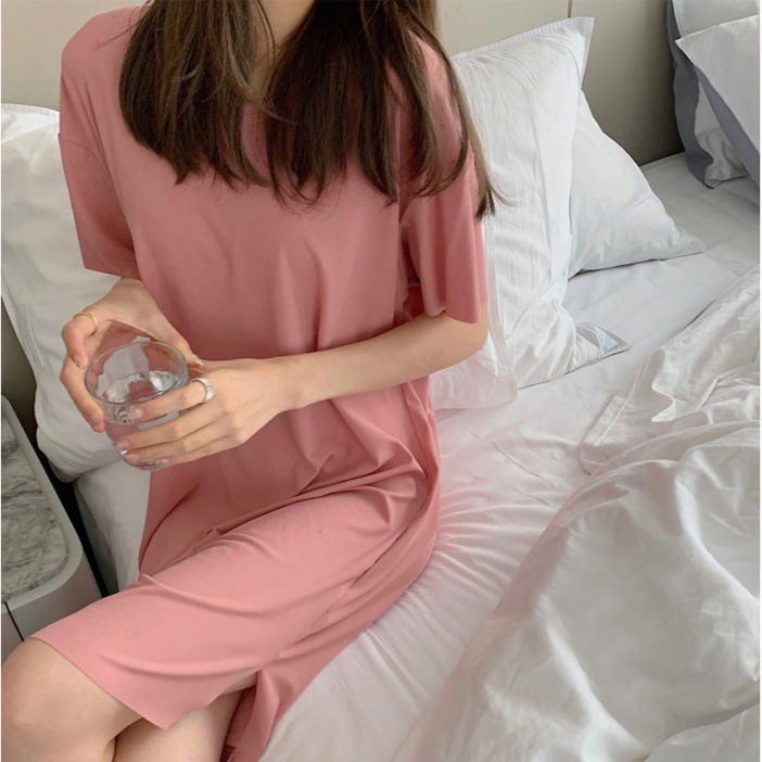일함리테일 더위탈출 찰랑이는 시원함, 아이스 쿨링 플리츠 반팔 원피스 홈웨어 잠옷